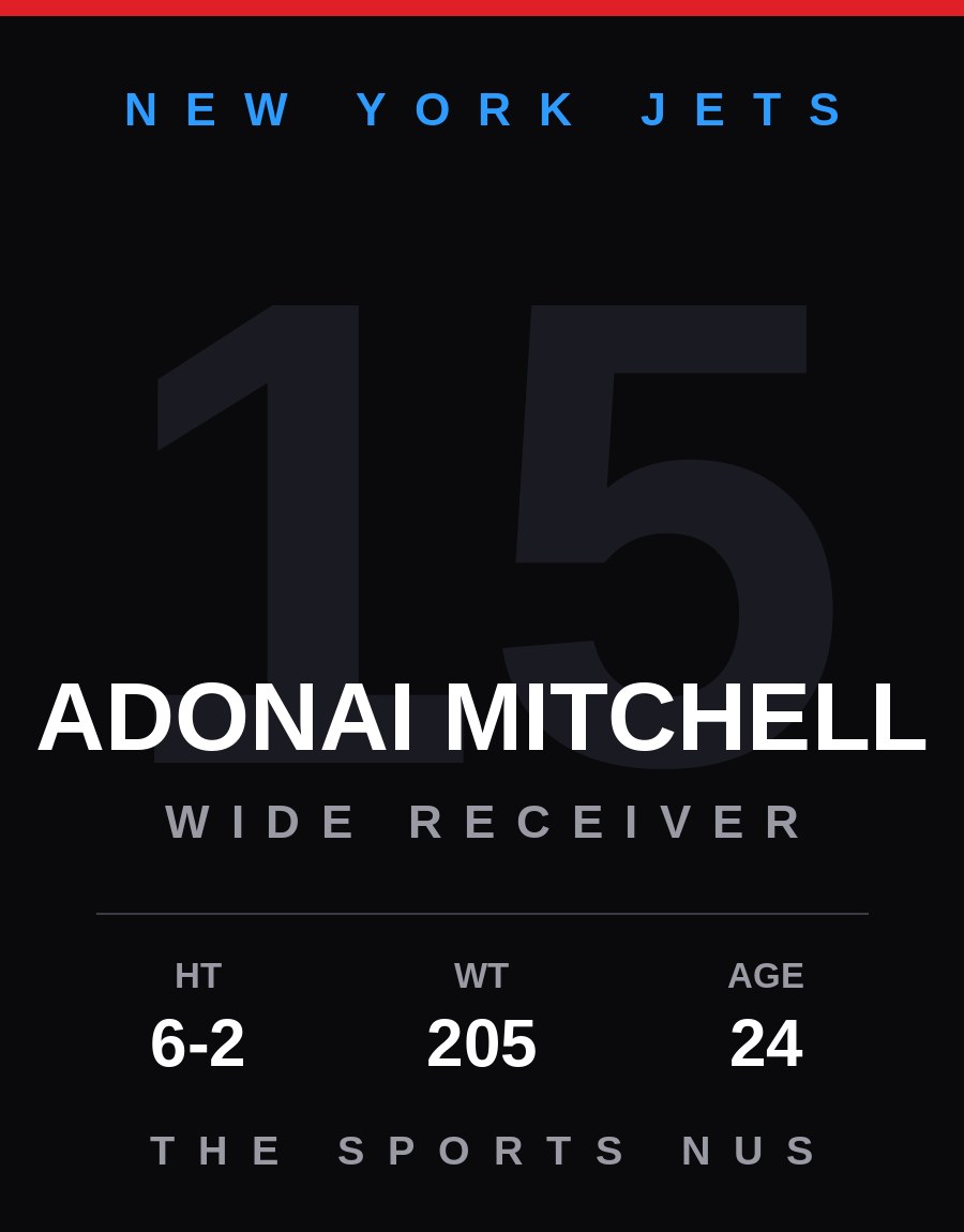 Adonai Mitchell player card: New York Jets wide receiver, number 15