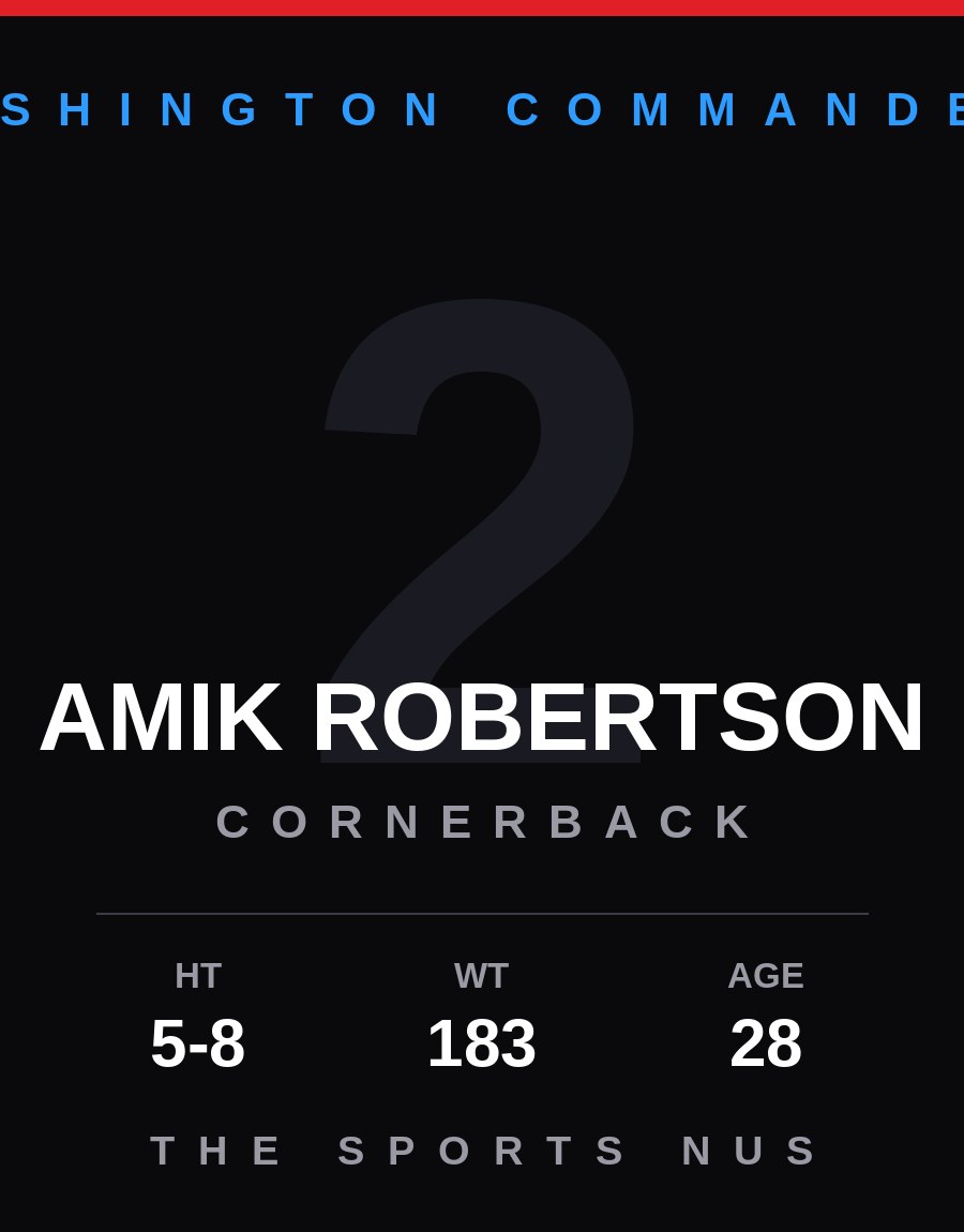 Amik Robertson player card: Washington Commanders cornerback, number 2