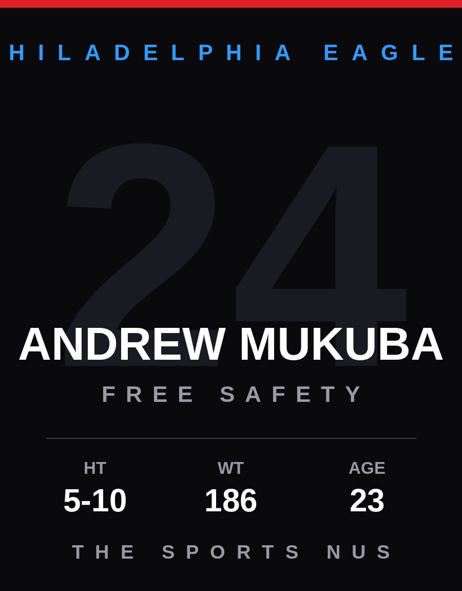 Andrew Mukuba player card: Philadelphia Eagles free safety, number 24