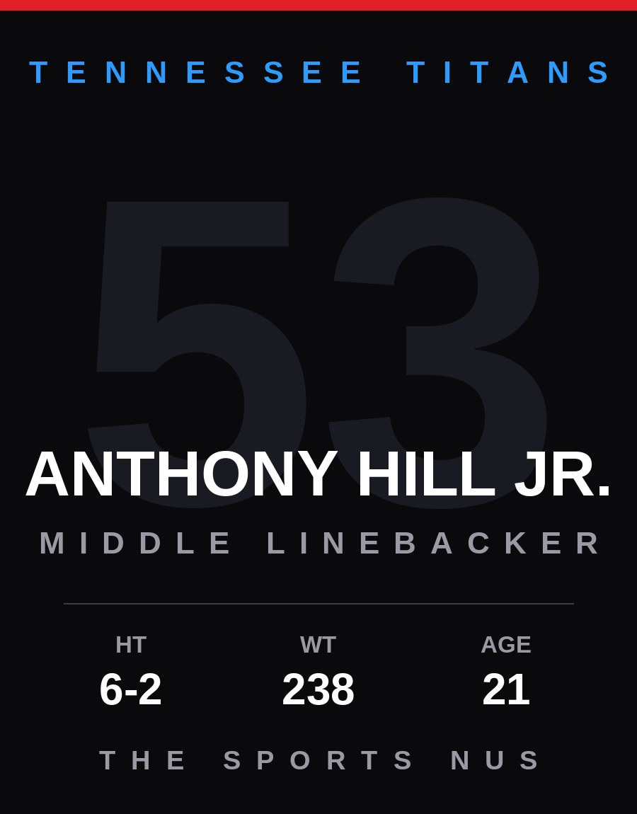 Anthony Hill Jr. player card: Tennessee Titans middle linebacker, number 53