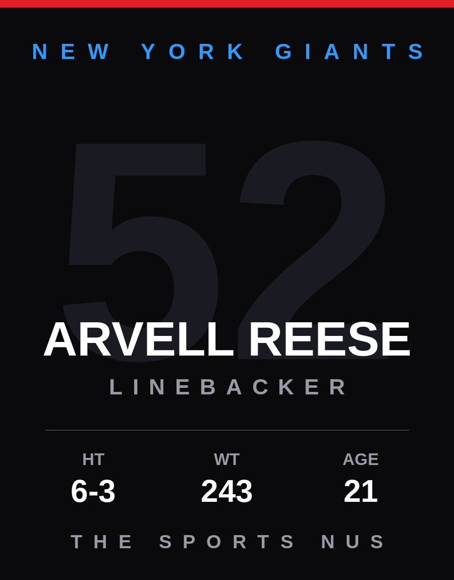 Arvell Reese player card: New York Giants linebacker, number 52