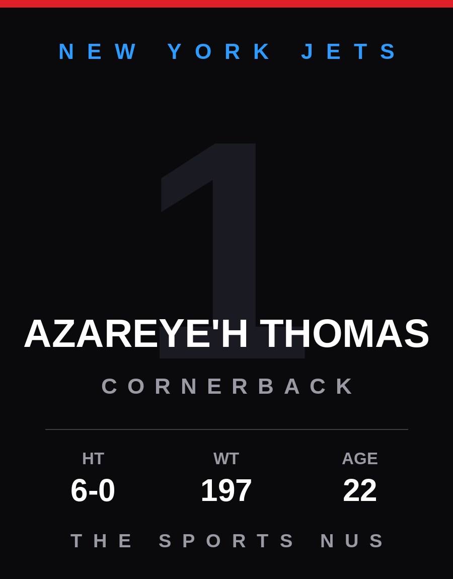Azareye'h Thomas player card: New York Jets cornerback, number 1