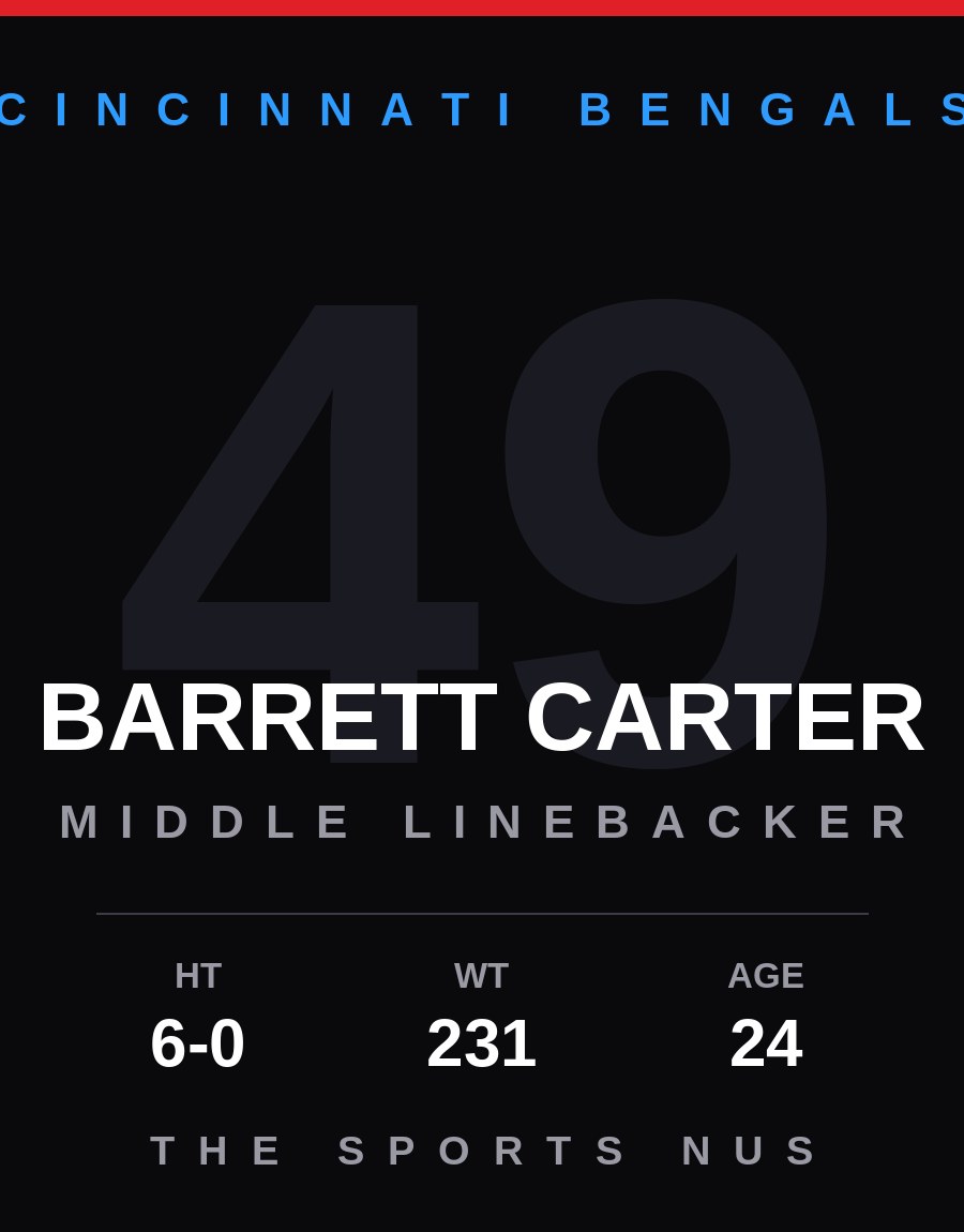 Barrett Carter player card: Cincinnati Bengals middle linebacker, number 49