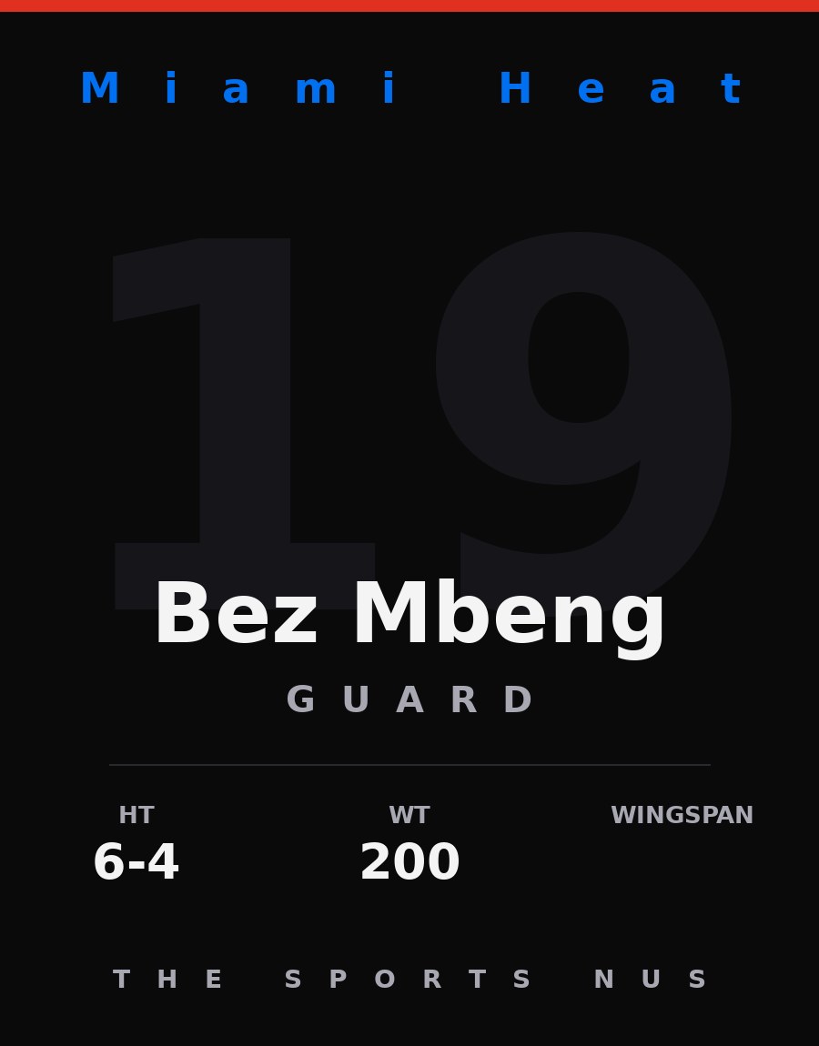 Bez Mbeng player card: Miami Heat guard, number 19