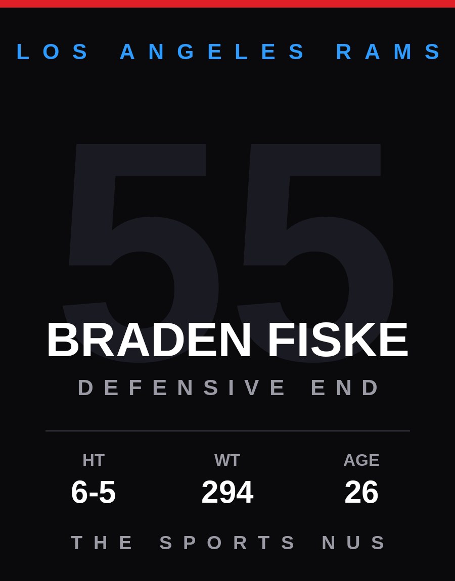 Braden Fiske player card: Los Angeles Rams defensive end, number 55