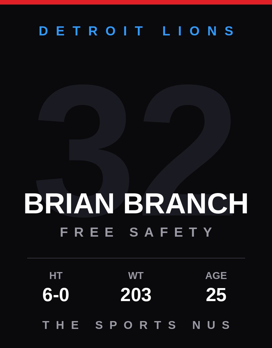 Brian Branch player card: Detroit Lions free safety, number 32