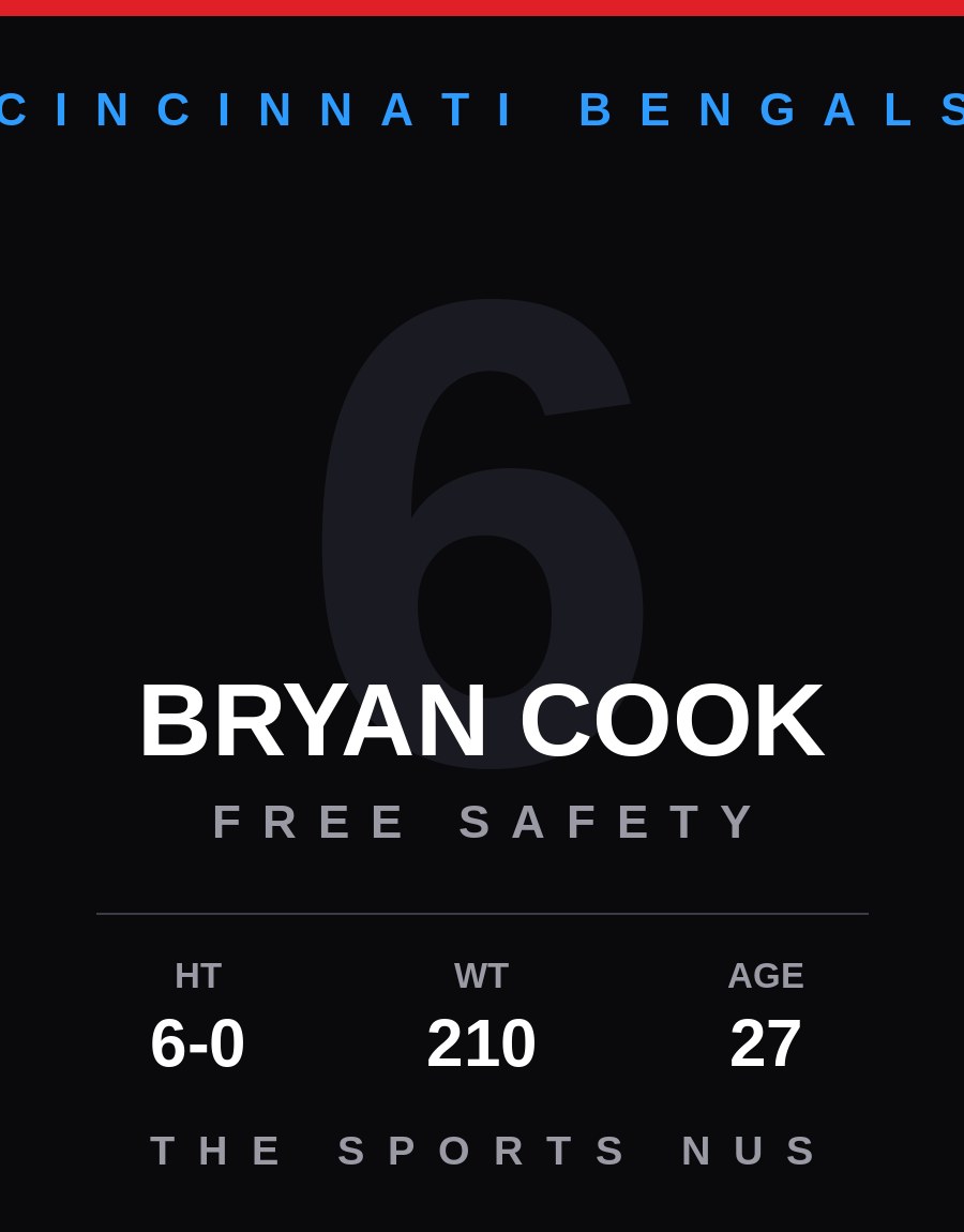 Bryan Cook player card: Cincinnati Bengals free safety, number 6
