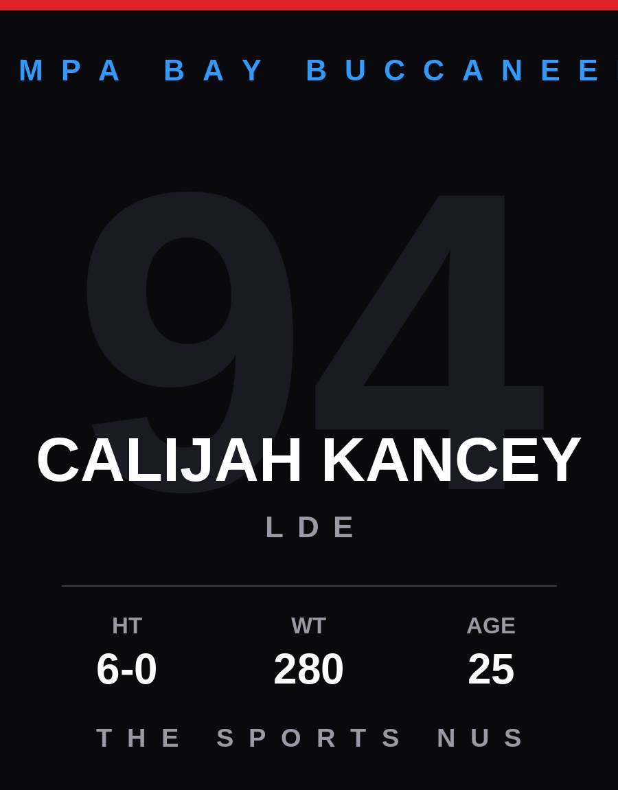 Calijah Kancey player card: Tampa Bay Buccaneers lde, number 94