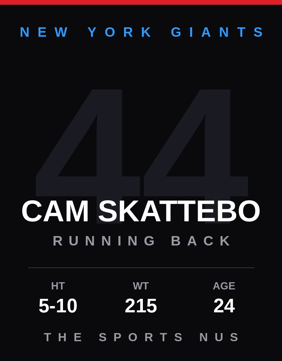 Cam Skattebo player card: New York Giants running back, number 44