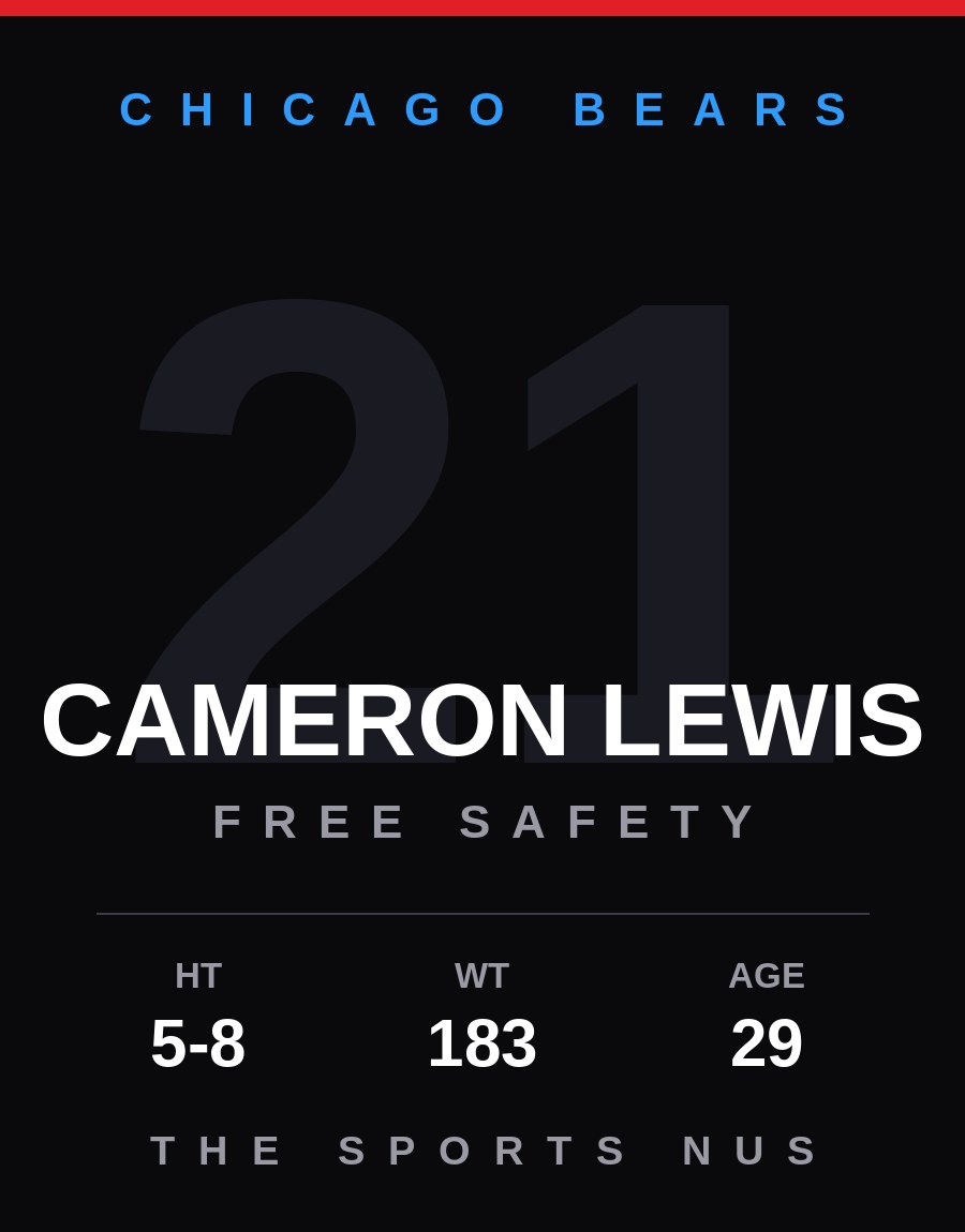 Cameron Lewis player card: Chicago Bears free safety, number 21