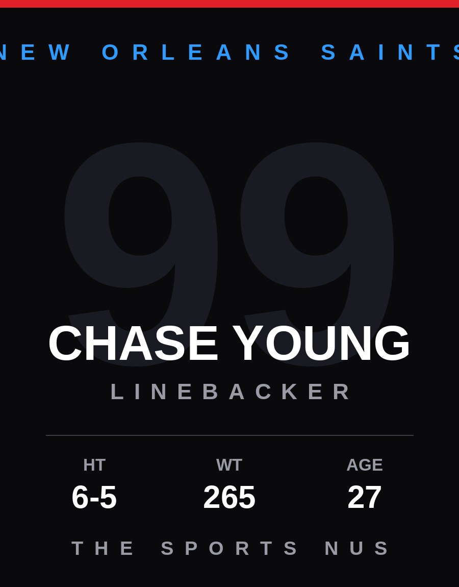Chase Young player card: New Orleans Saints linebacker, number 99