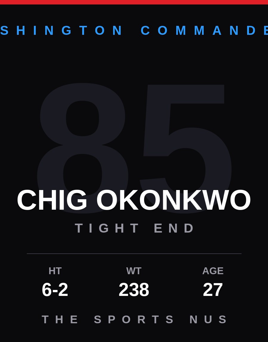 Chig Okonkwo player card: Washington Commanders tight end, number 85