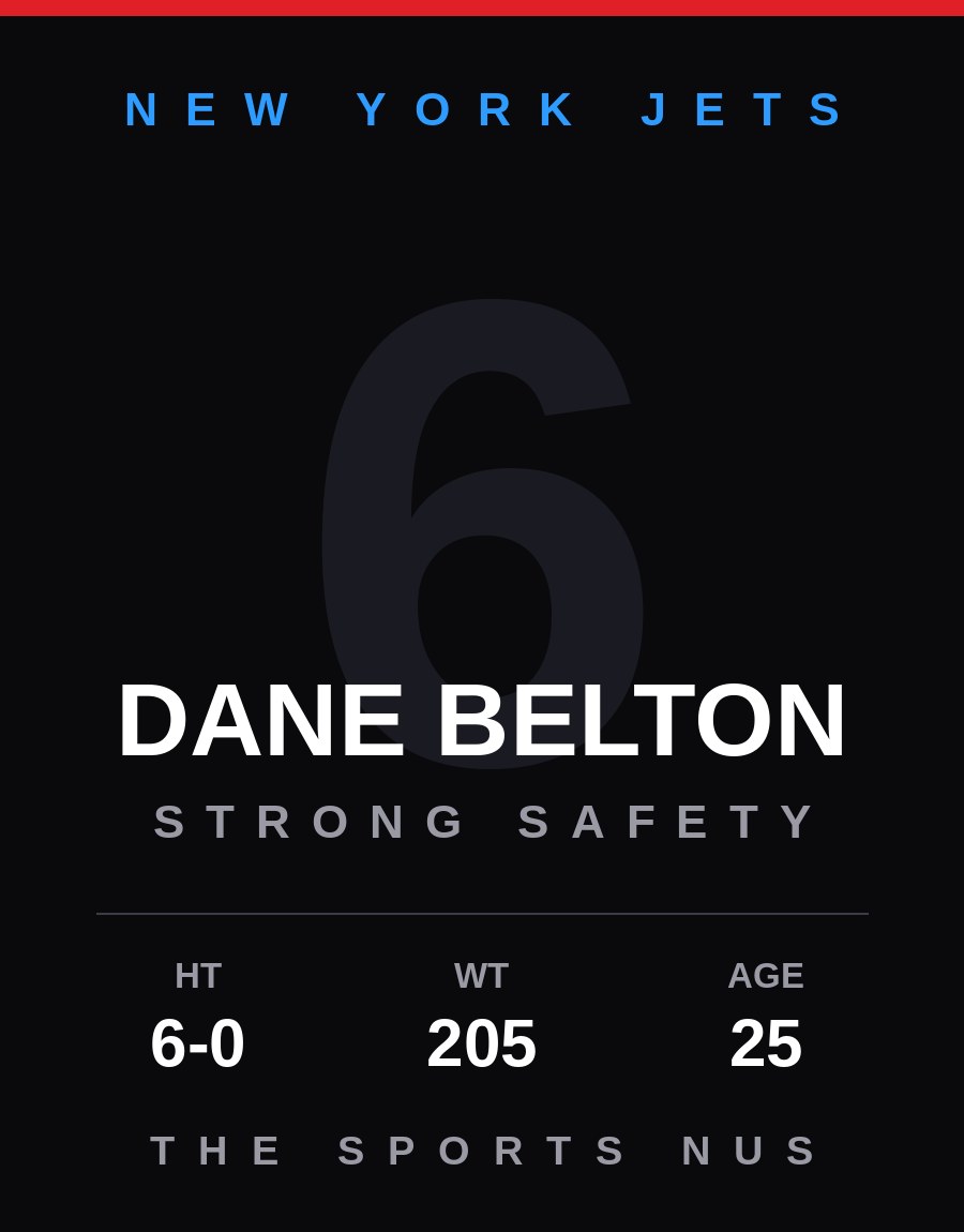 Dane Belton player card: New York Jets strong safety, number 6