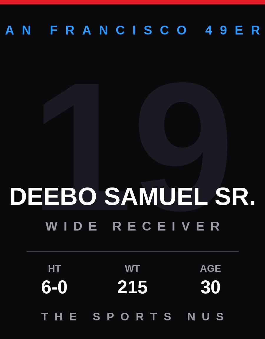 Deebo Samuel Sr. player card: San Francisco 49ers wide receiver / kick returner, number 19