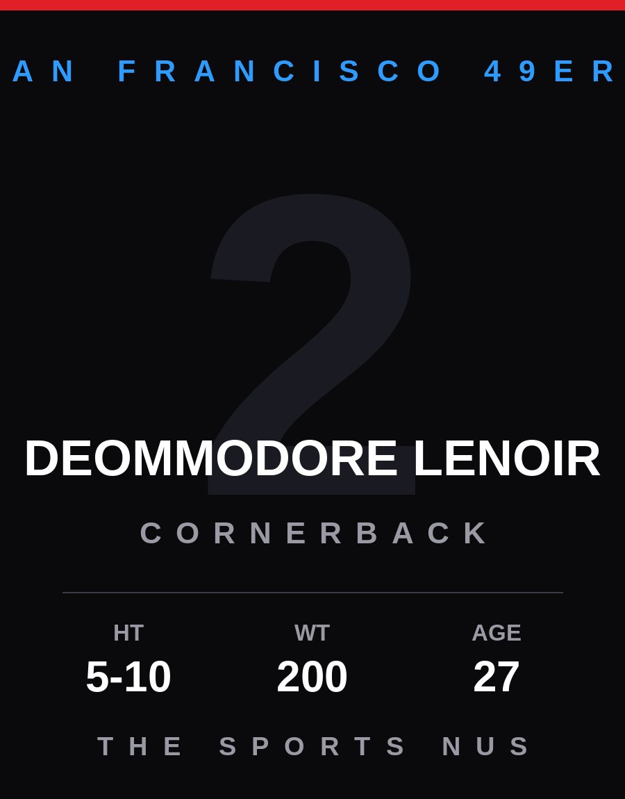 Deommodore Lenoir player card: San Francisco 49ers cornerback, number 2