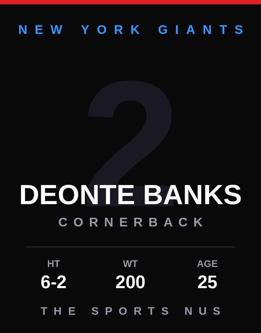 Deonte Banks player card: New York Giants cornerback, number 2