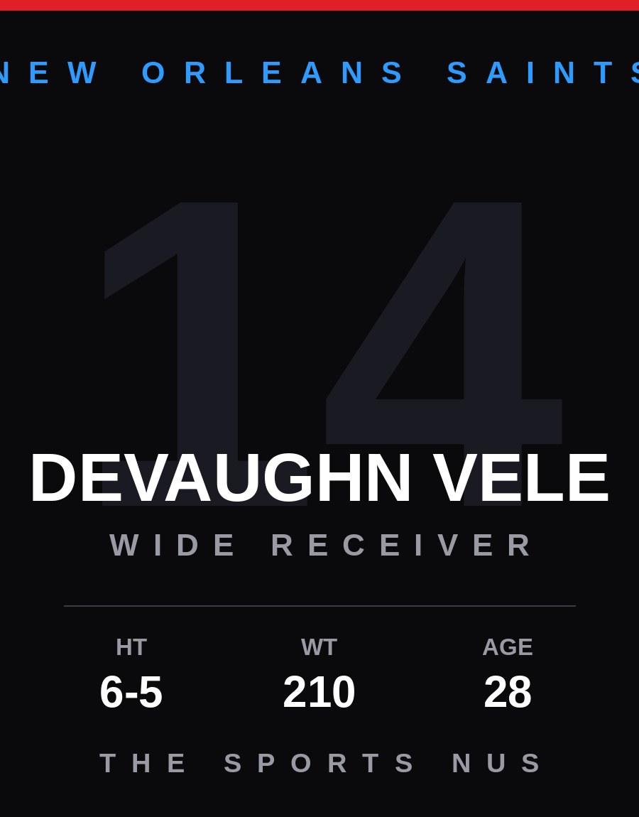 Devaughn Vele player card: New Orleans Saints wide receiver, number 14