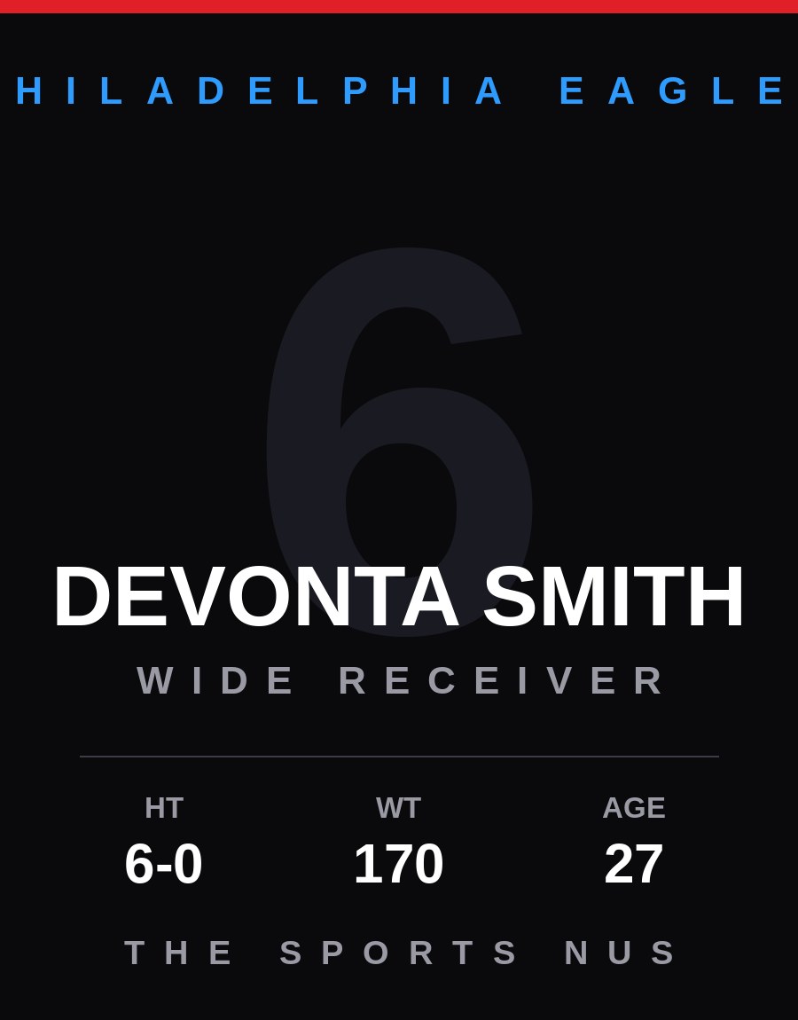 DeVonta Smith player card: Philadelphia Eagles wide receiver / kick returner, number 6