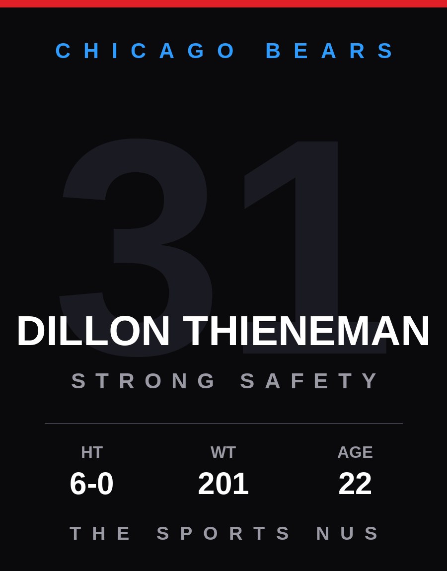 Dillon Thieneman player card: Chicago Bears strong safety, number 31