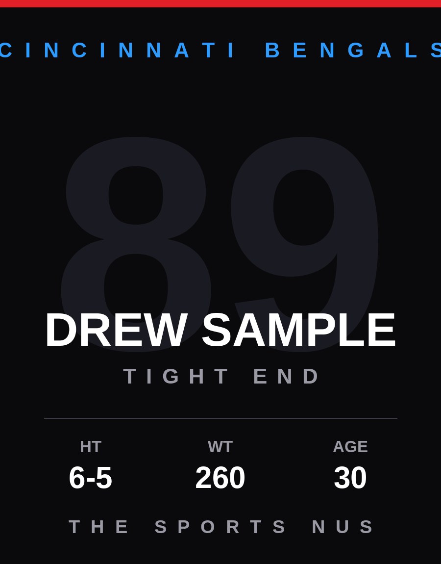 Drew Sample player card: Cincinnati Bengals tight end, number 89