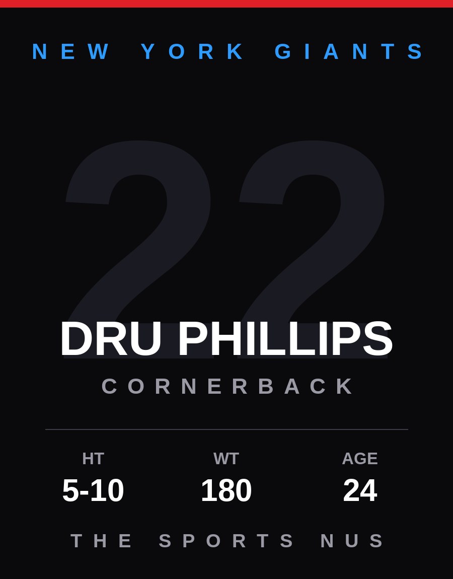 Dru Phillips player card: New York Giants cornerback, number 22