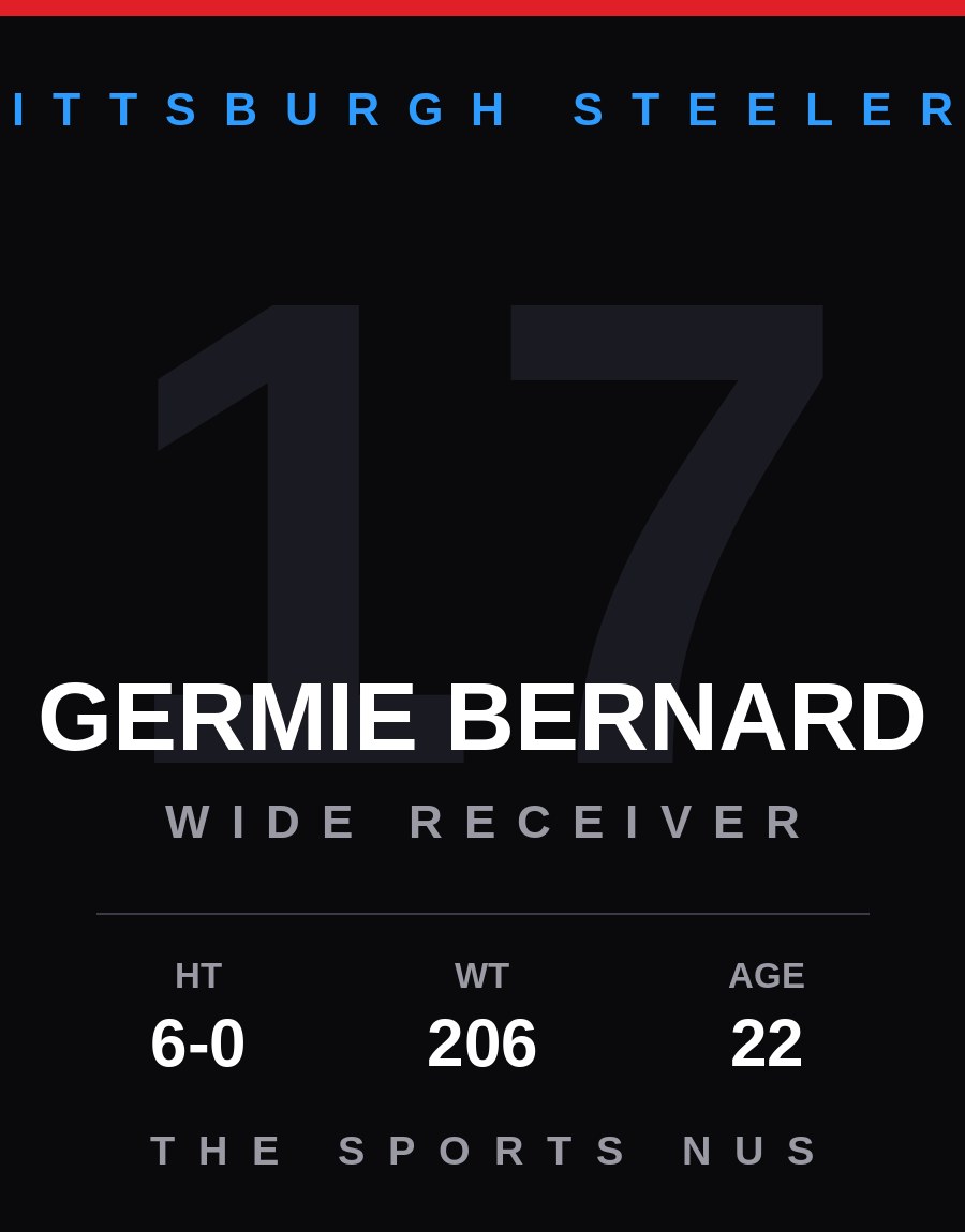 Germie Bernard player card: Pittsburgh Steelers wide receiver, number 17