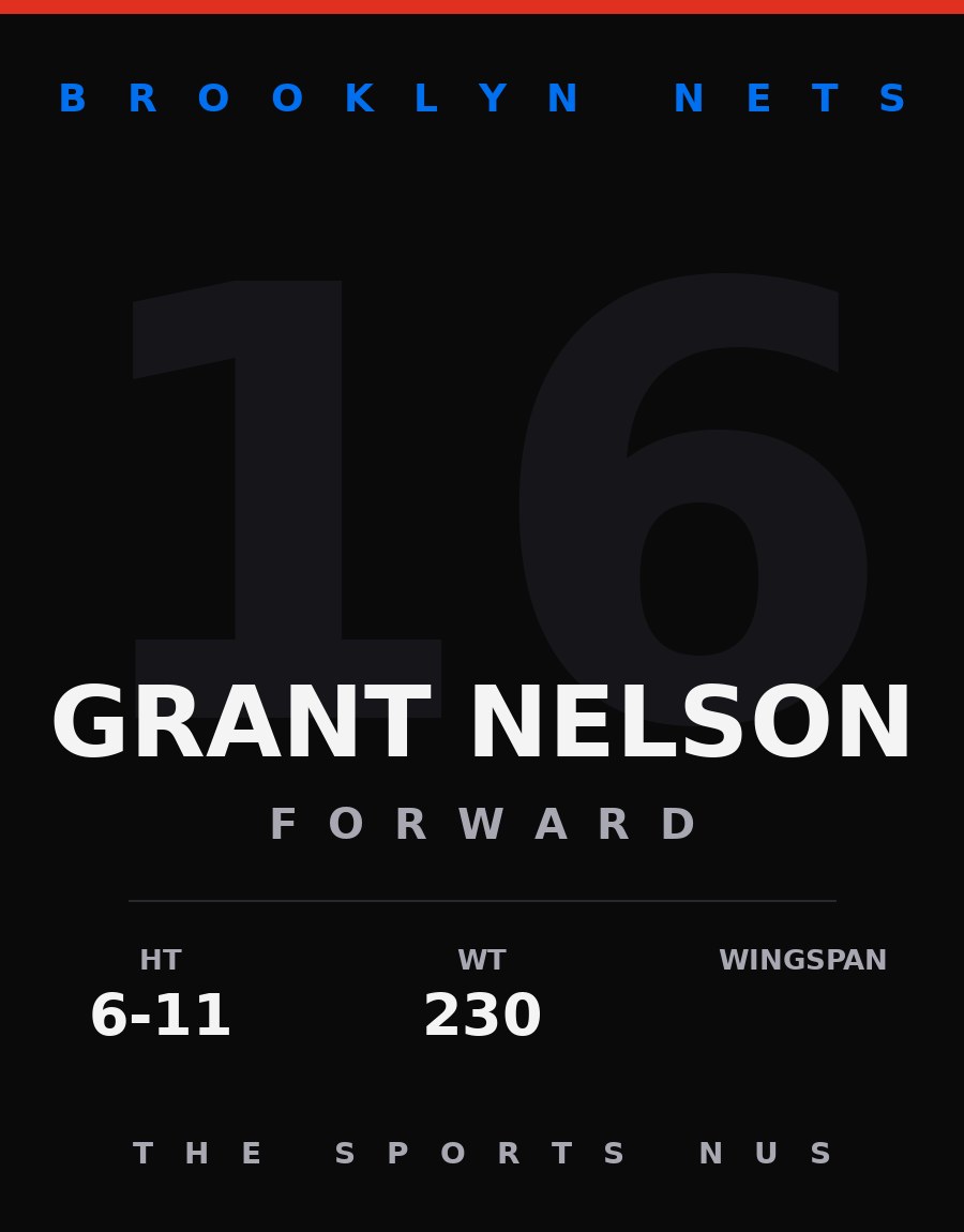 Grant Nelson player card: Brooklyn Nets forward, number 16