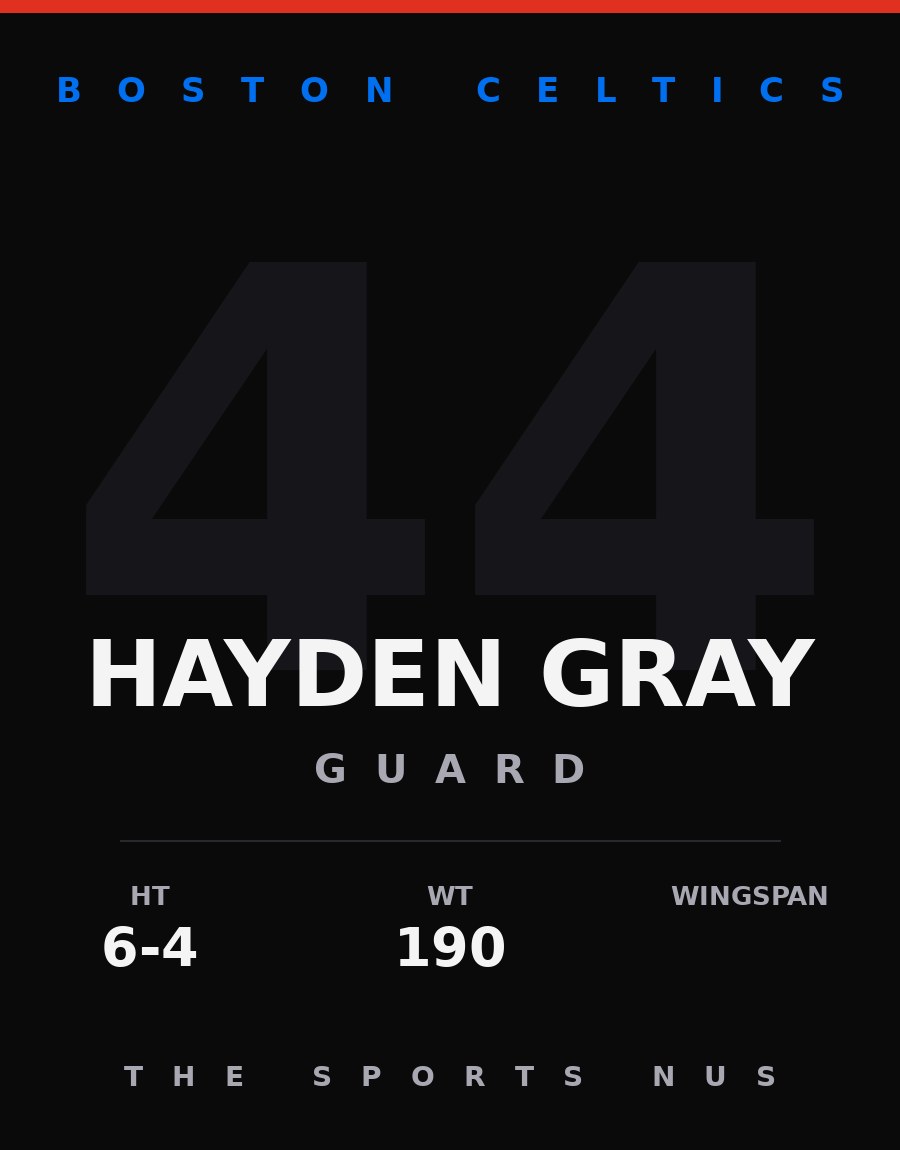 Hayden Gray player card: Boston Celtics guard, number 44