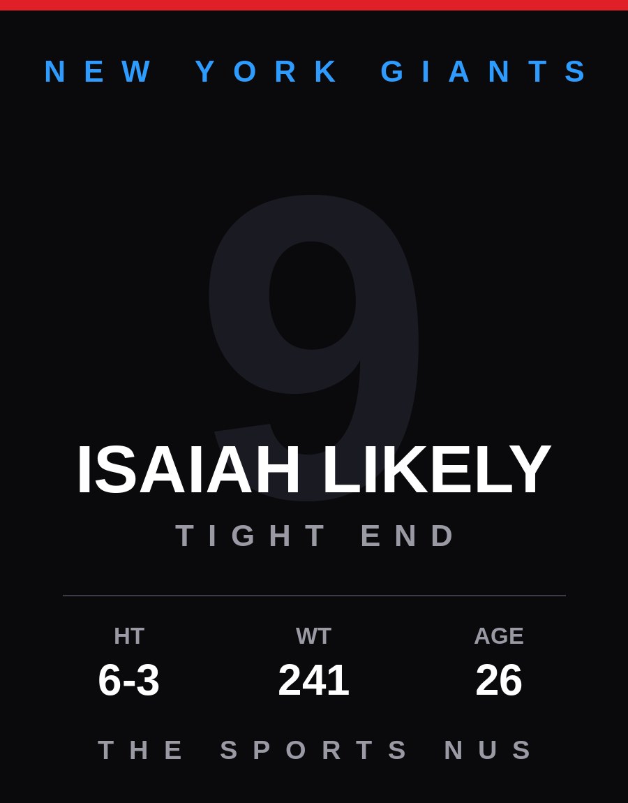 Isaiah Likely player card: New York Giants tight end, number 9