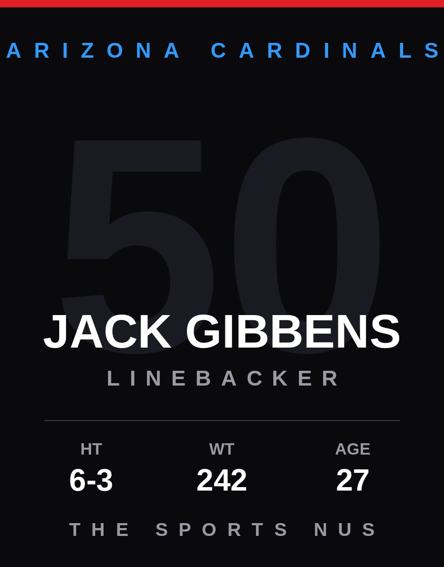 Jack Gibbens player card: Arizona Cardinals linebacker, number 50
