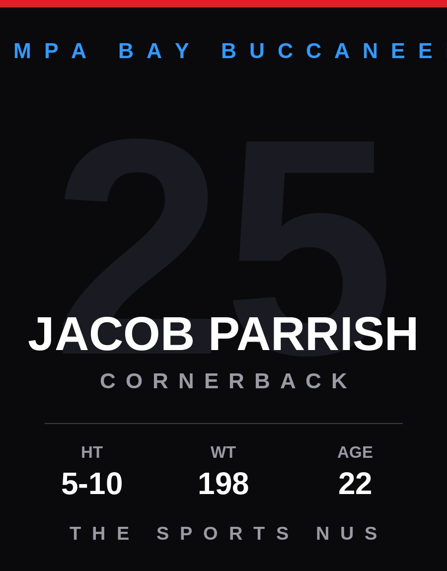 Jacob Parrish player card: Tampa Bay Buccaneers cornerback, number 25