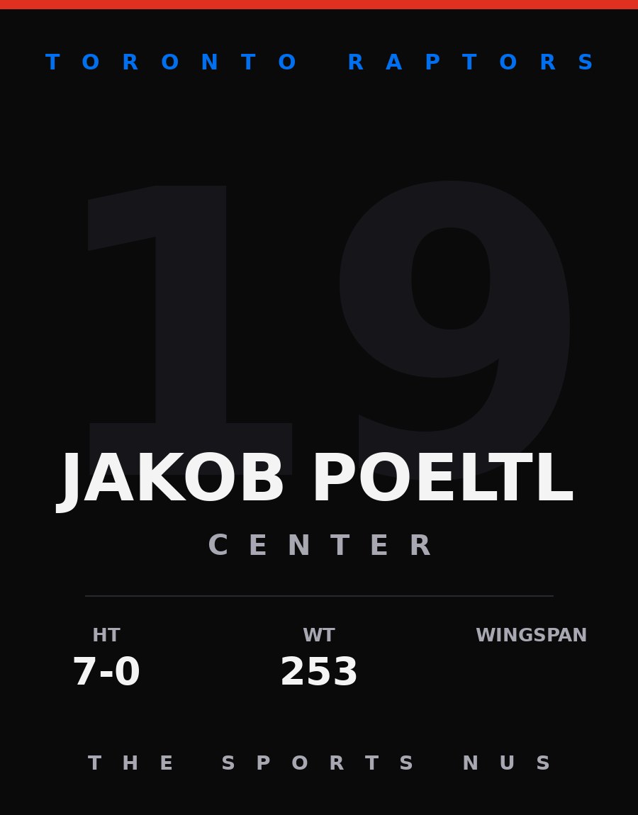 Jakob Poeltl player card: Toronto Raptors center, number 19