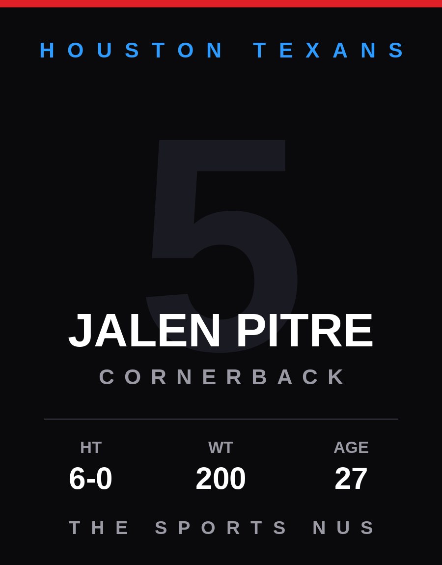 Jalen Pitre player card: Houston Texans cornerback, number 5