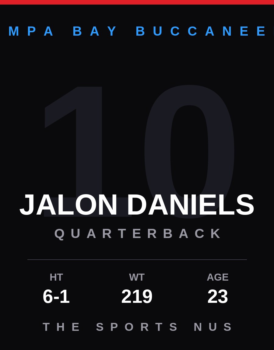 Jalon Daniels player card: Tampa Bay Buccaneers quarterback, number 10