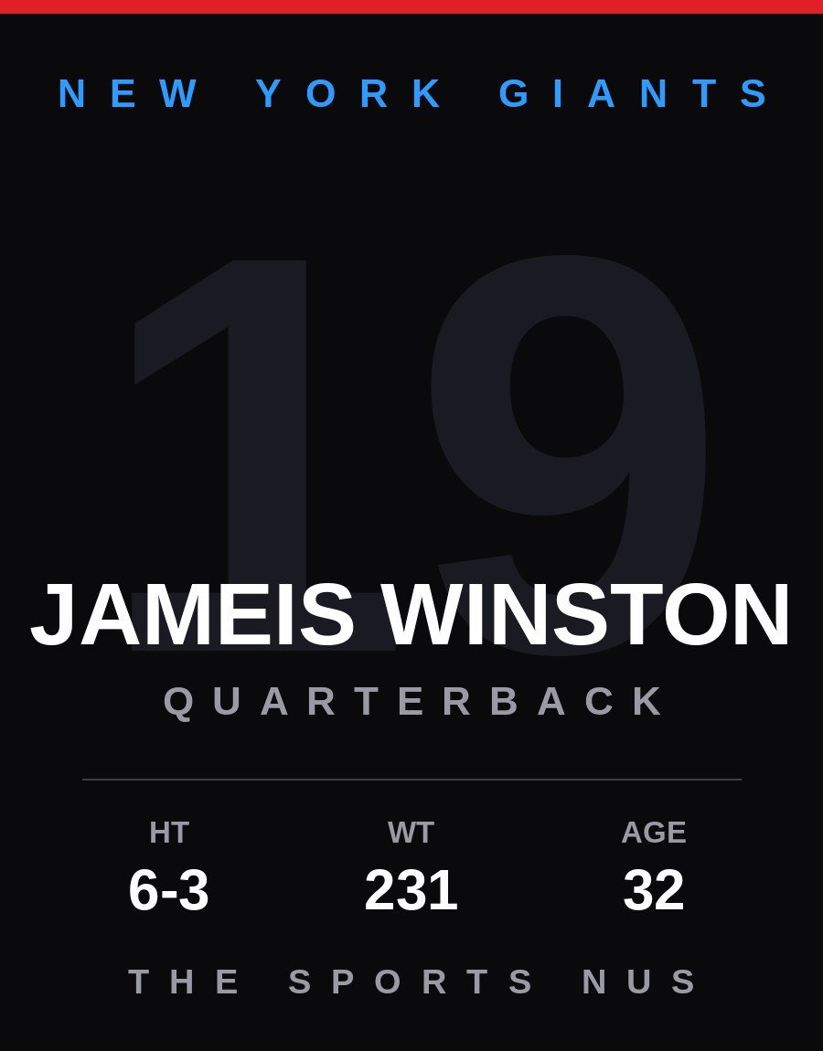 Jameis Winston player card: New York Giants quarterback, number 19