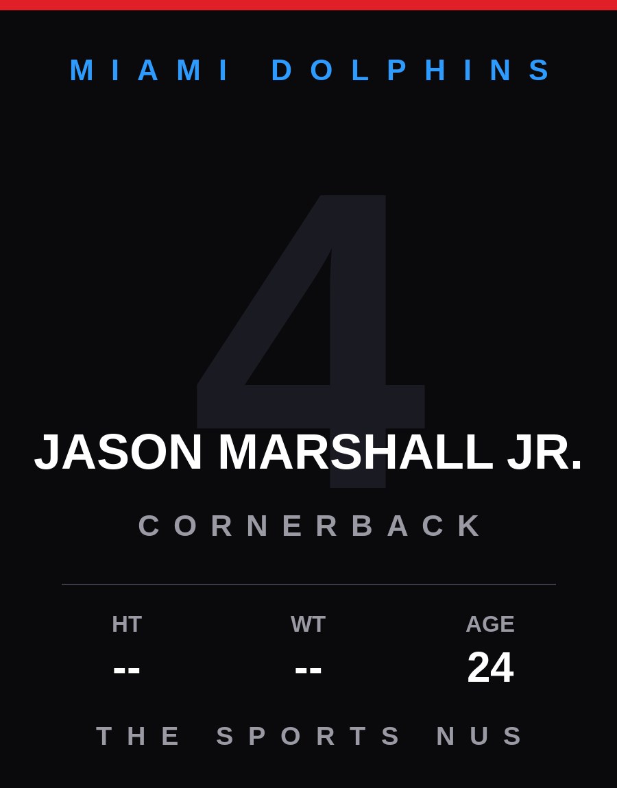 Jason Marshall Jr. player card: Miami Dolphins cornerback, number 4