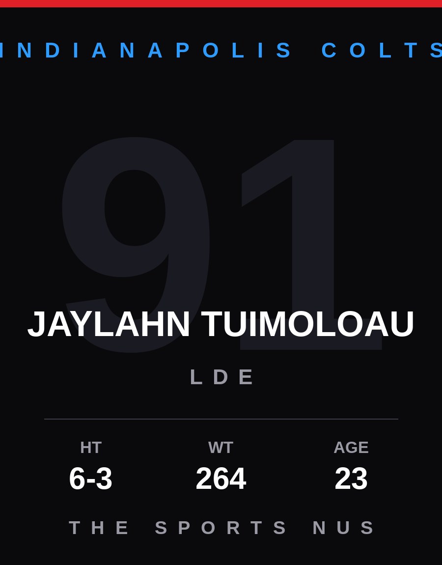 Jaylahn Tuimoloau player card: Indianapolis Colts lde, number 91