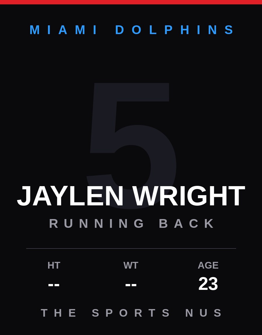 Jaylen Wright player card: Miami Dolphins running back / kick returner, number 5