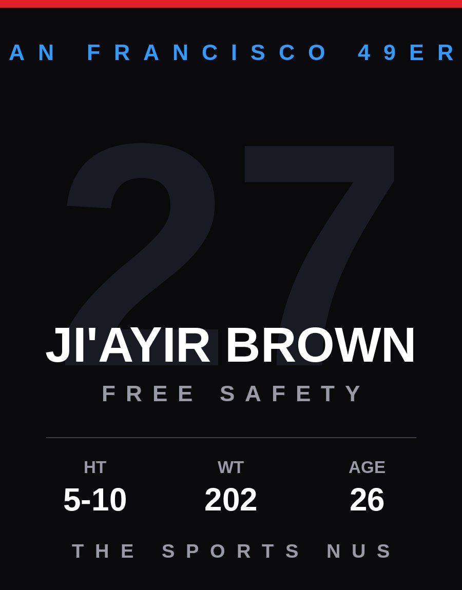 Ji'Ayir Brown player card: San Francisco 49ers free safety, number 27