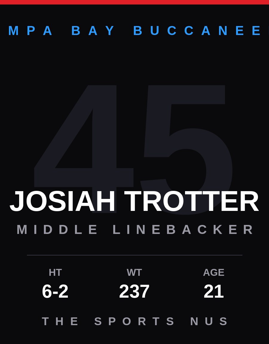 Josiah Trotter player card: Tampa Bay Buccaneers middle linebacker, number 45