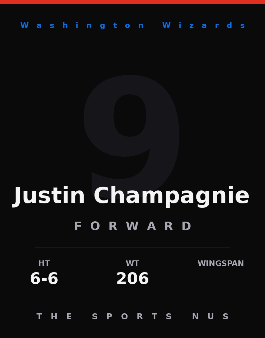 Justin Champagnie player card: Washington Wizards forward, number 9