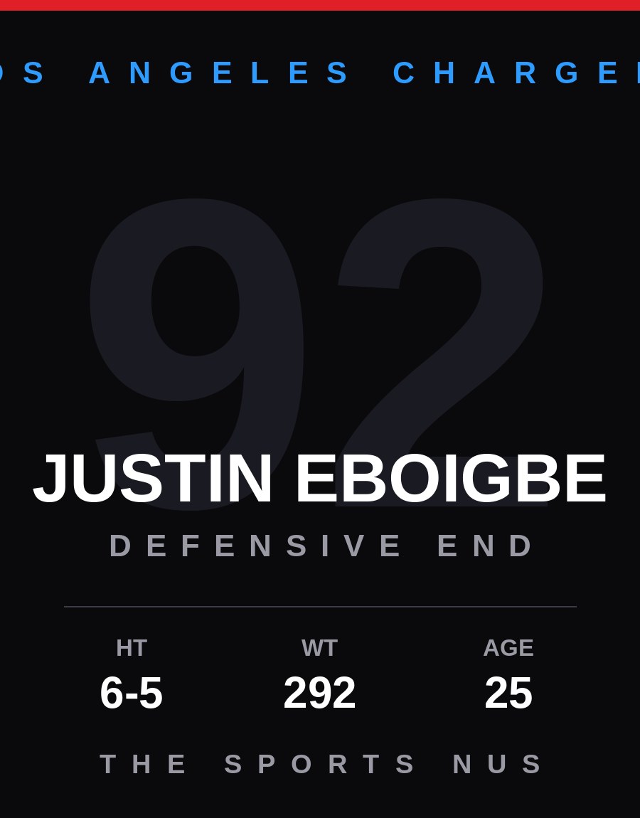 Justin Eboigbe player card: Los Angeles Chargers defensive end, number 92