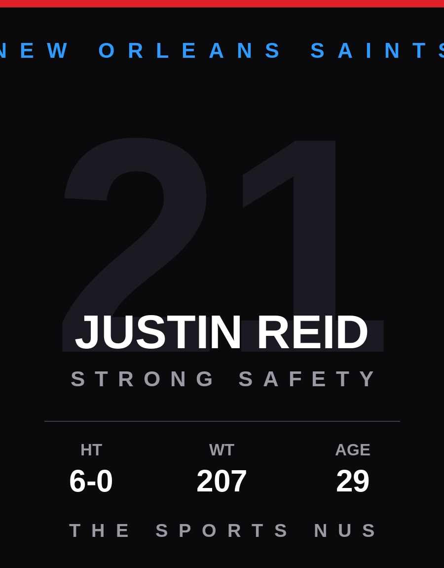 Justin Reid player card: New Orleans Saints strong safety, number 21