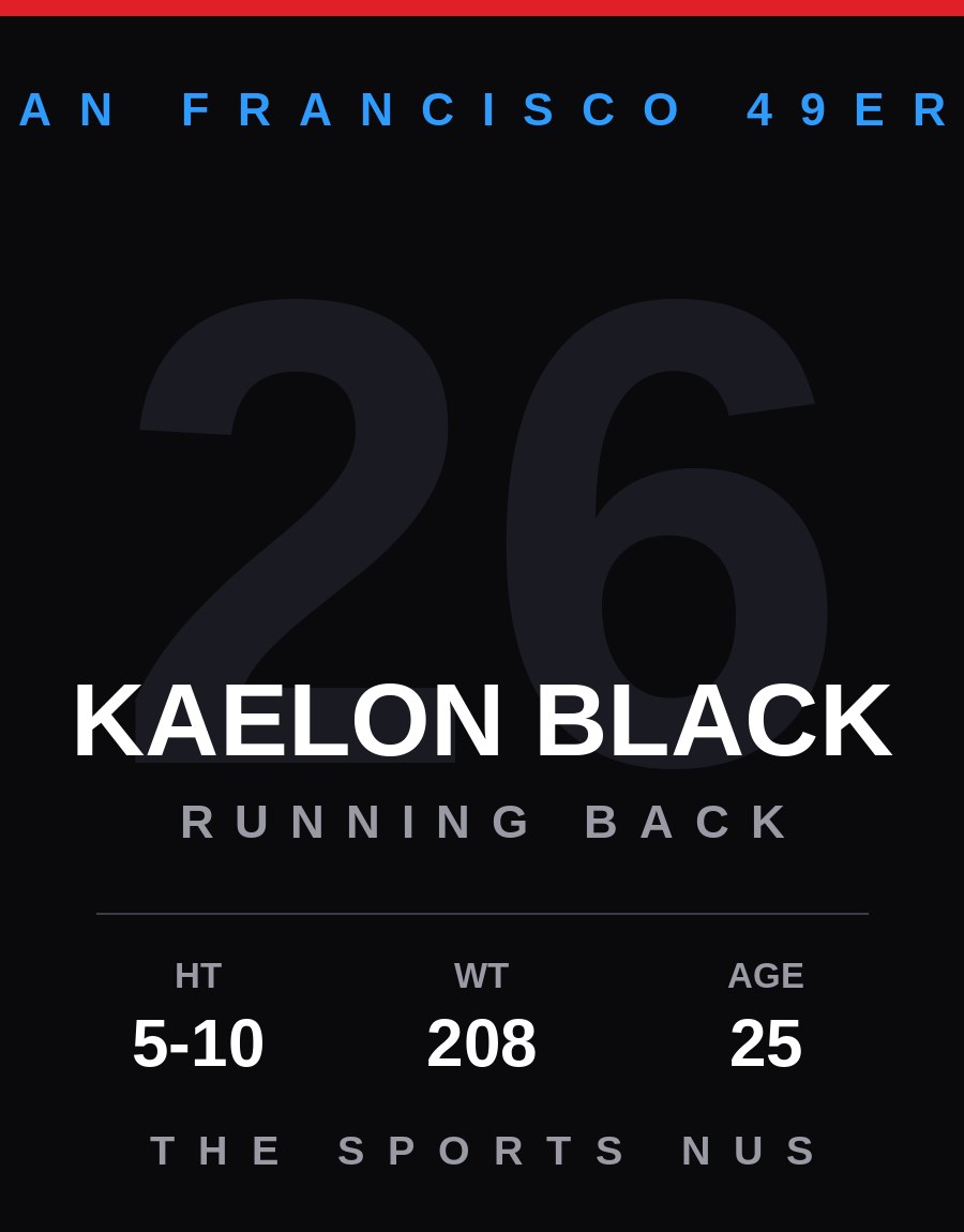 Kaelon Black player card: San Francisco 49ers running back, number 26