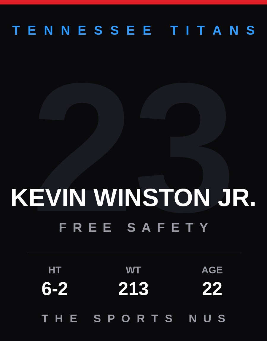 Kevin Winston Jr. player card: Tennessee Titans free safety, number 23