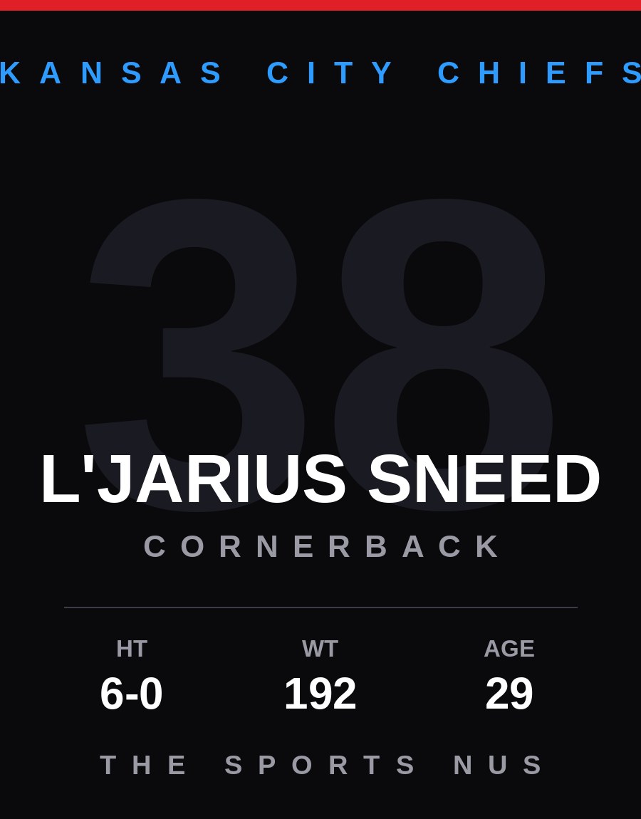 L'Jarius Sneed player card: Kansas City Chiefs cornerback, number 38