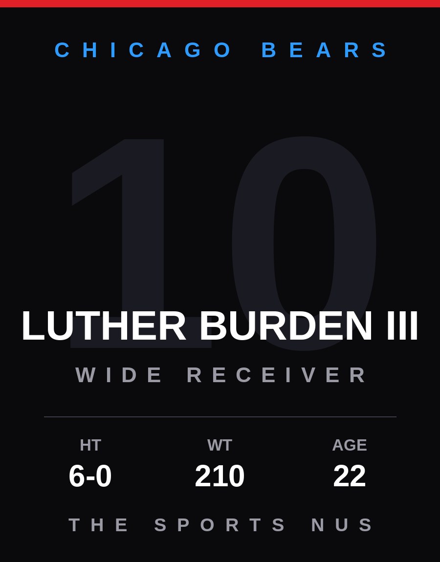 Luther Burden III player card: Chicago Bears wide receiver, number 10