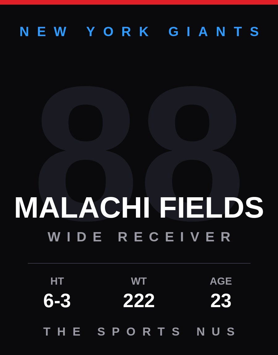 Malachi Fields player card: New York Giants wide receiver, number 88