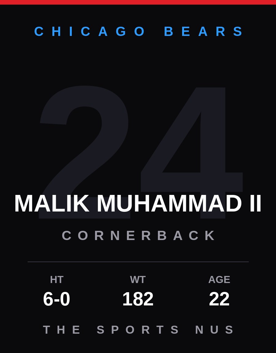 Malik Muhammad II player card: Chicago Bears cornerback, number 24