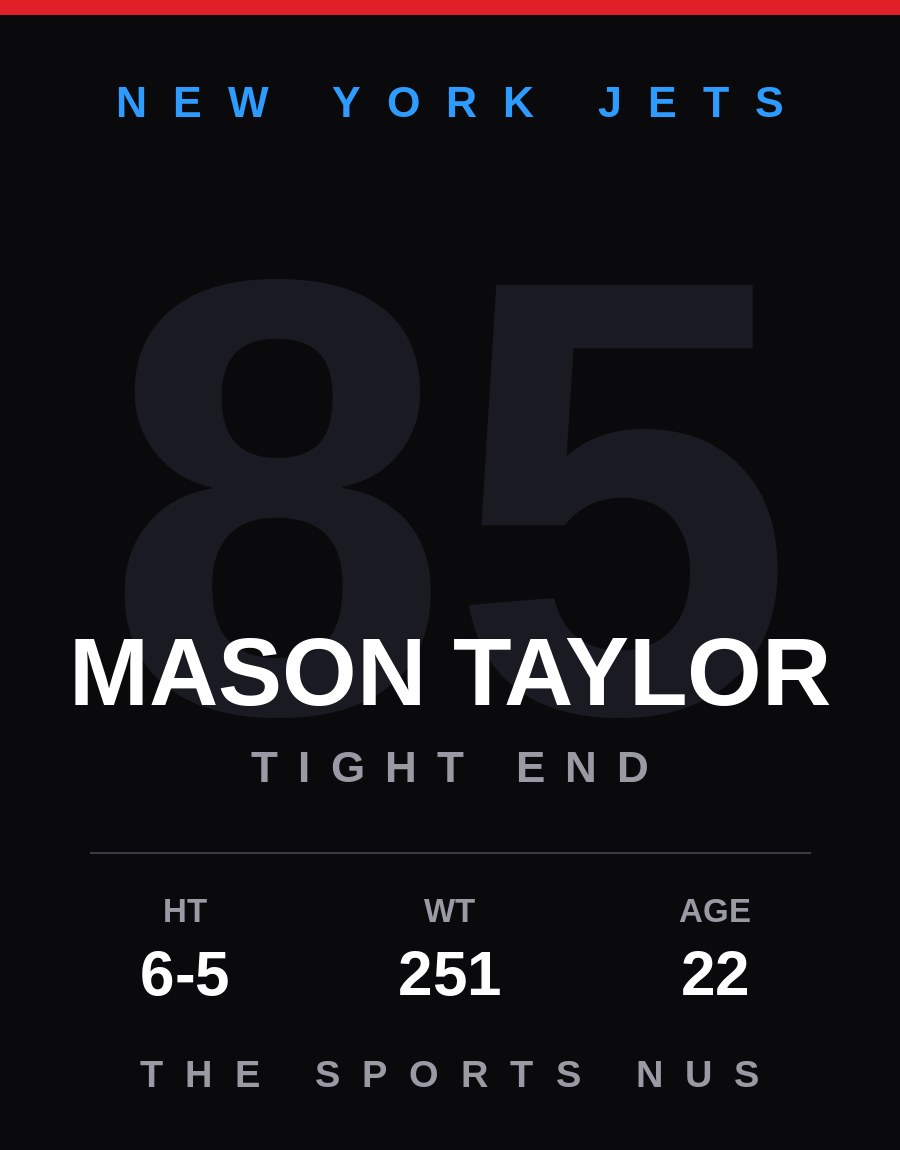 Mason Taylor player card: New York Jets tight end, number 85